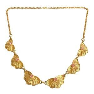 Vintage Pink Rhinestone Necklace 60s Gold Tone Chain Butterfly Floral Flower 24”